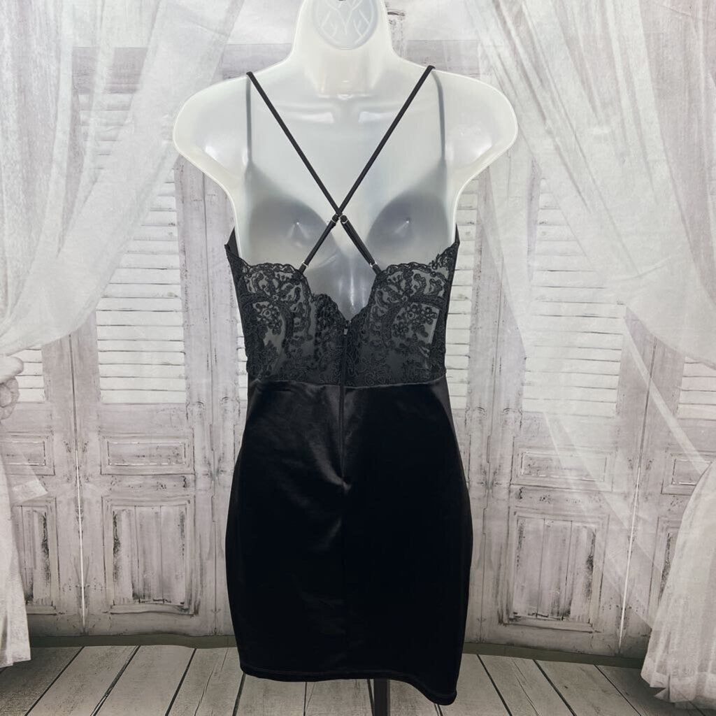 Windsor NWT Black Satin Mini Dress Lace Back Women's Size Small