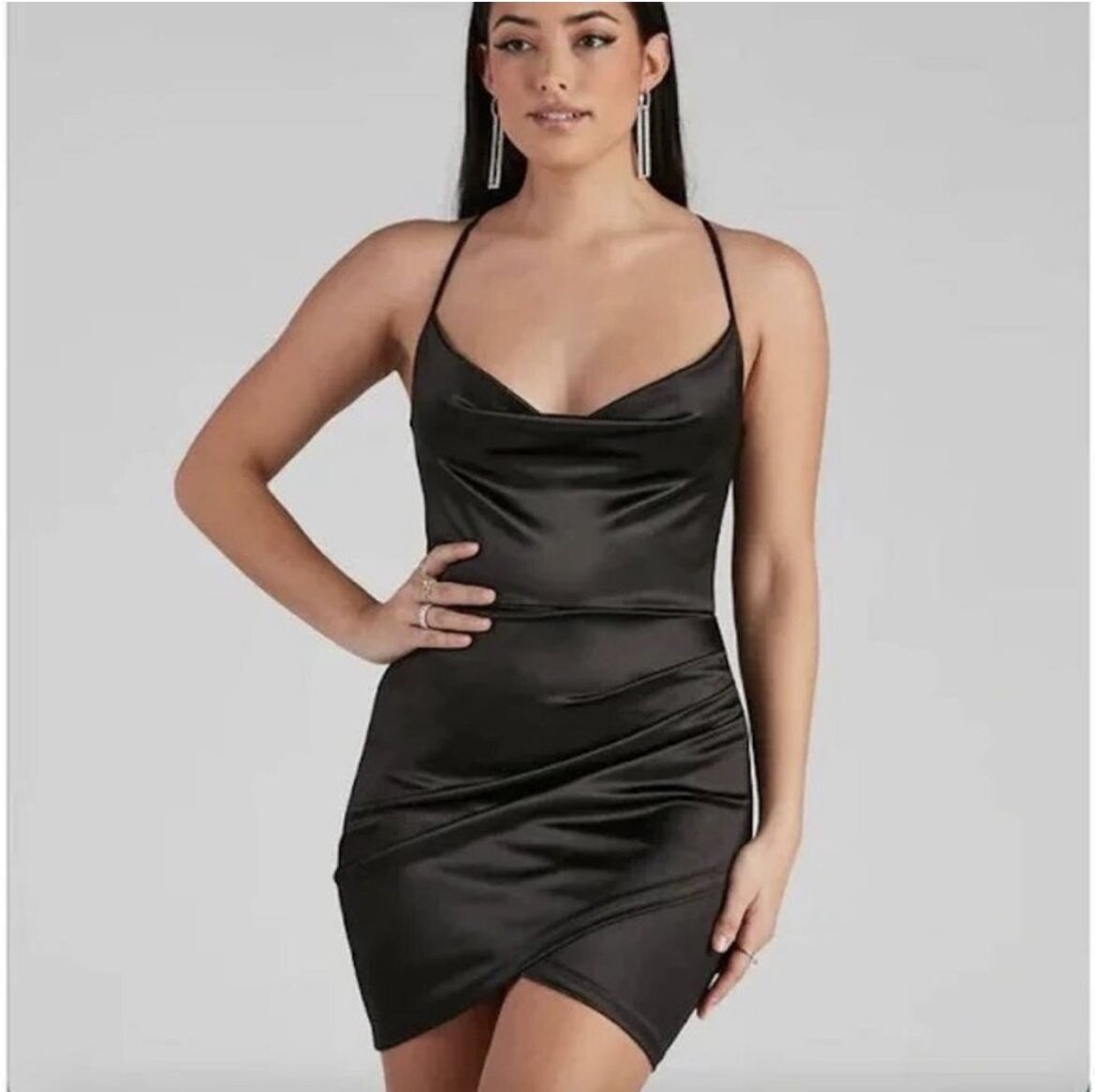 Windsor NWT Black Satin Mini Dress Lace Back Women's Size Small
