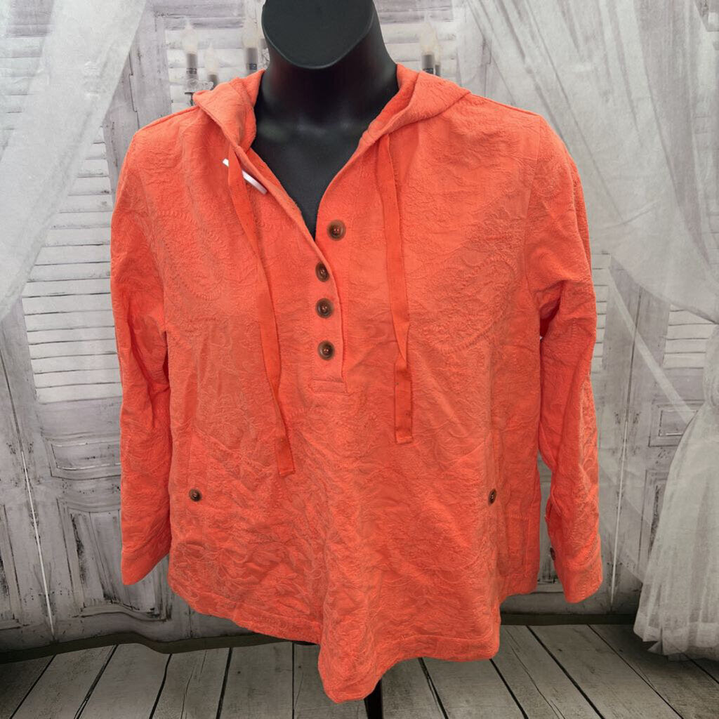Soft Surroundings NWOT Embroidered Henley Hooded Pullover Coral Size 1X