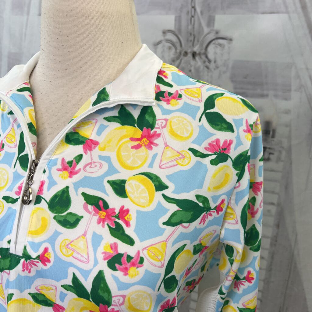 SanSoleil Lemon Martini Print 1/4 Zip UV Cooling Sporting Golf Shirt Women's Size M
