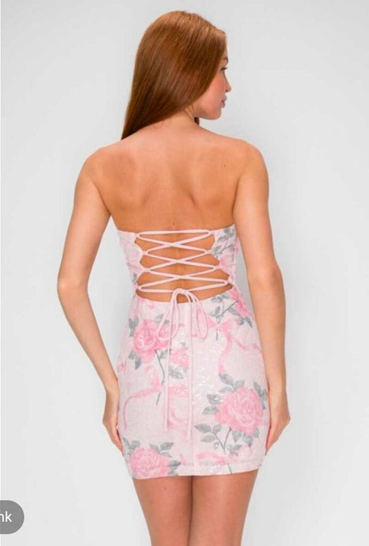 Floral Bow Strapless Sequin Mini