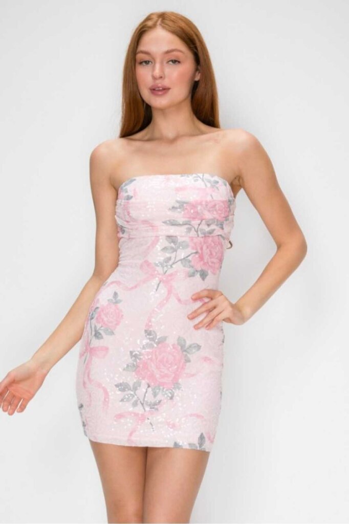 Floral Bow Strapless Sequin Mini