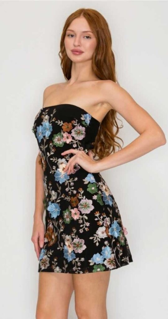 Floral Applique Strapless Mini Dress