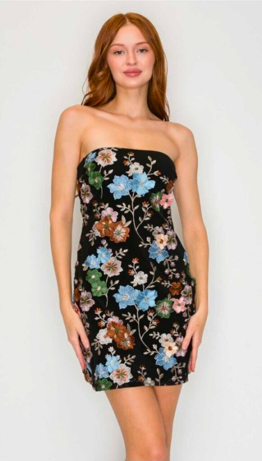 Floral Applique Strapless Mini Dress