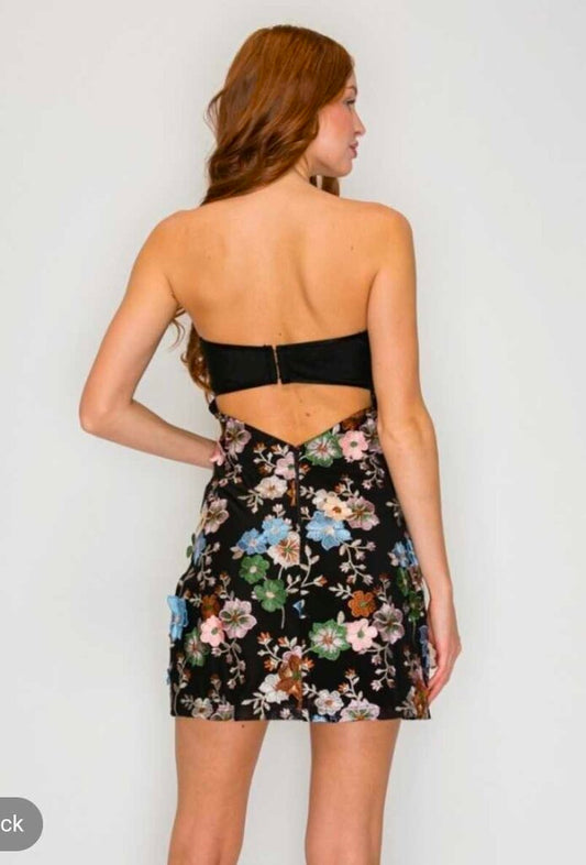 Floral Applique Strapless Mini Dress