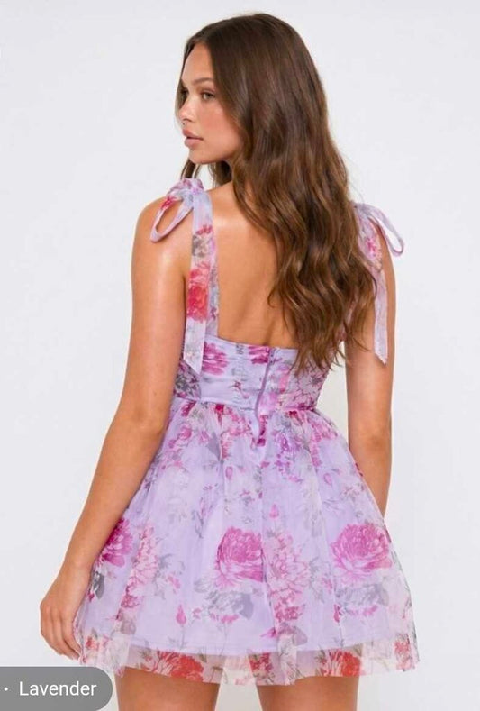 Floral Print On Mesh Bow On Bust Mini Dress