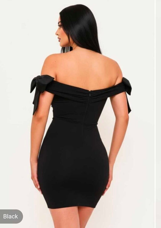 Satin Bow On Sleeve Off The Shoulder Mini Dress