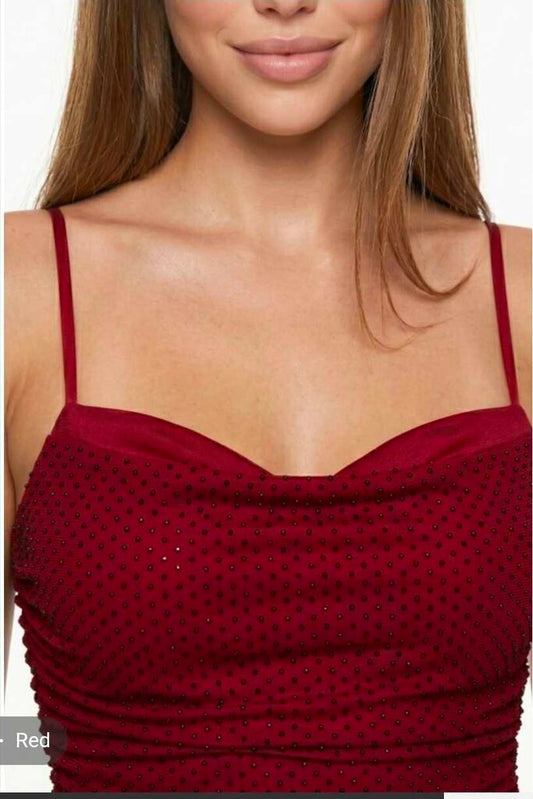 Satin Bust Rhinestone Shirred Mesh Mini Dress