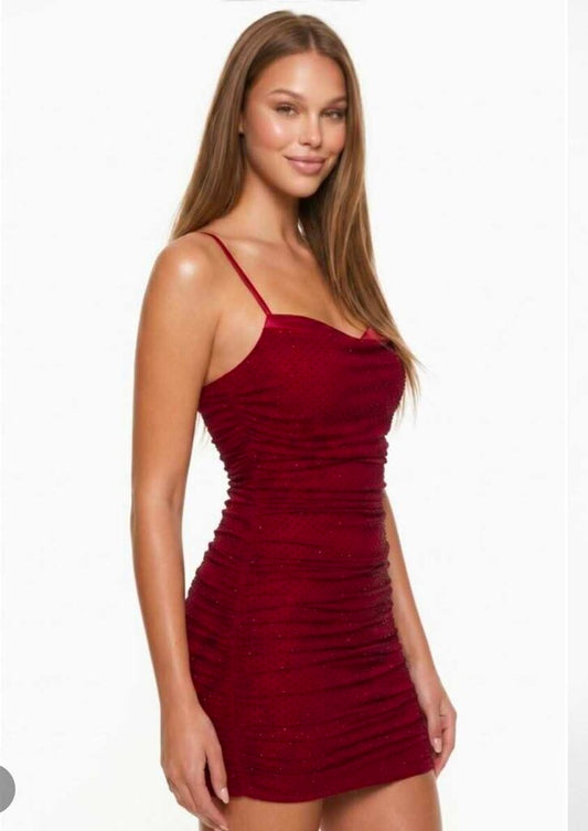 Satin Bust Rhinestone Shirred Mesh Mini Dress