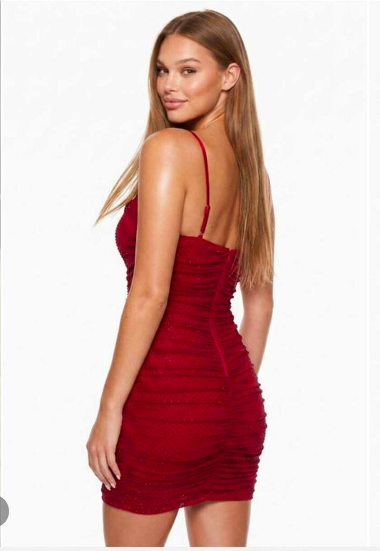 Satin Bust Rhinestone Shirred Mesh Mini Dress