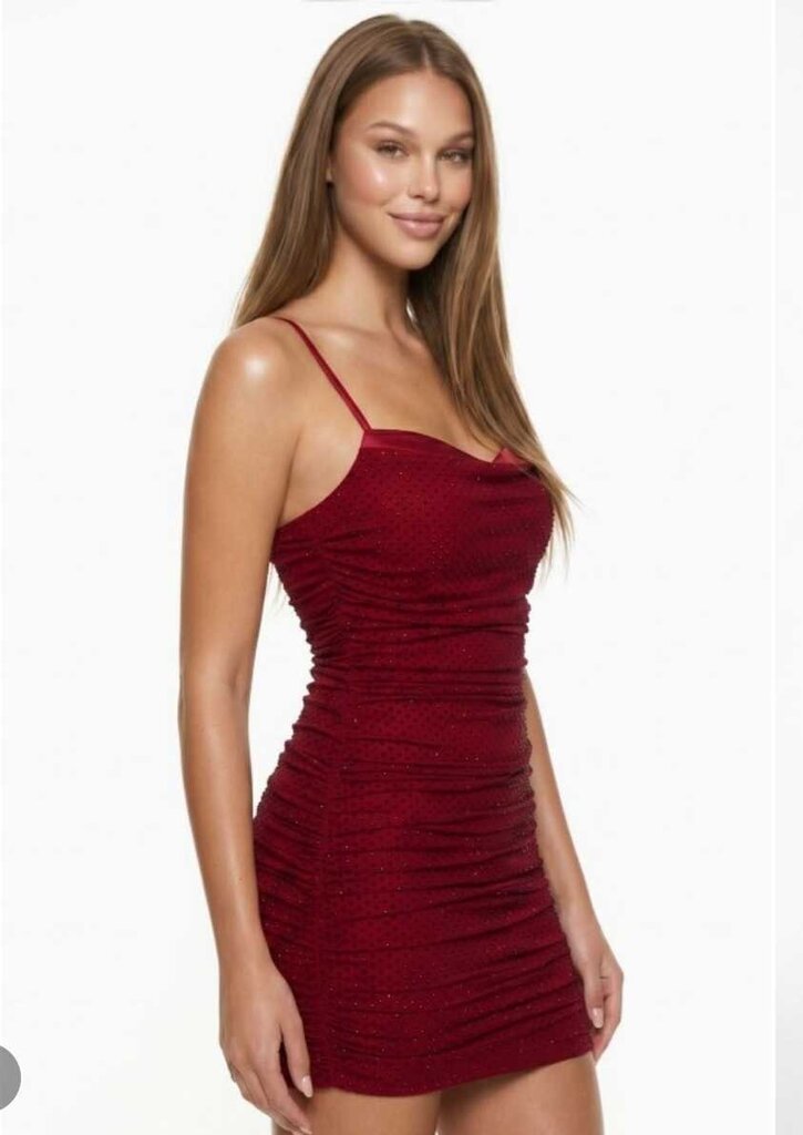 Satin Bust Rhinestone Shirred Mesh Mini Dress