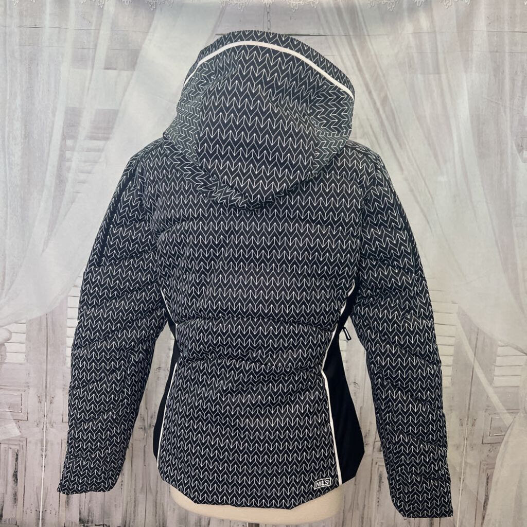 NILS Black And White Printed Zip Up Hooded Winter Jacket Women's Size 8