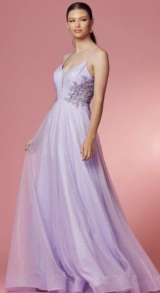SMC Embellished Glitter Illusion V-Neck Long Prom Dress
