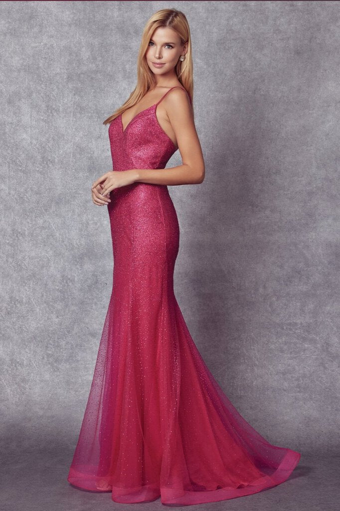 SMC Open Back Embellished Glitter Mermaid Long Prom Dress