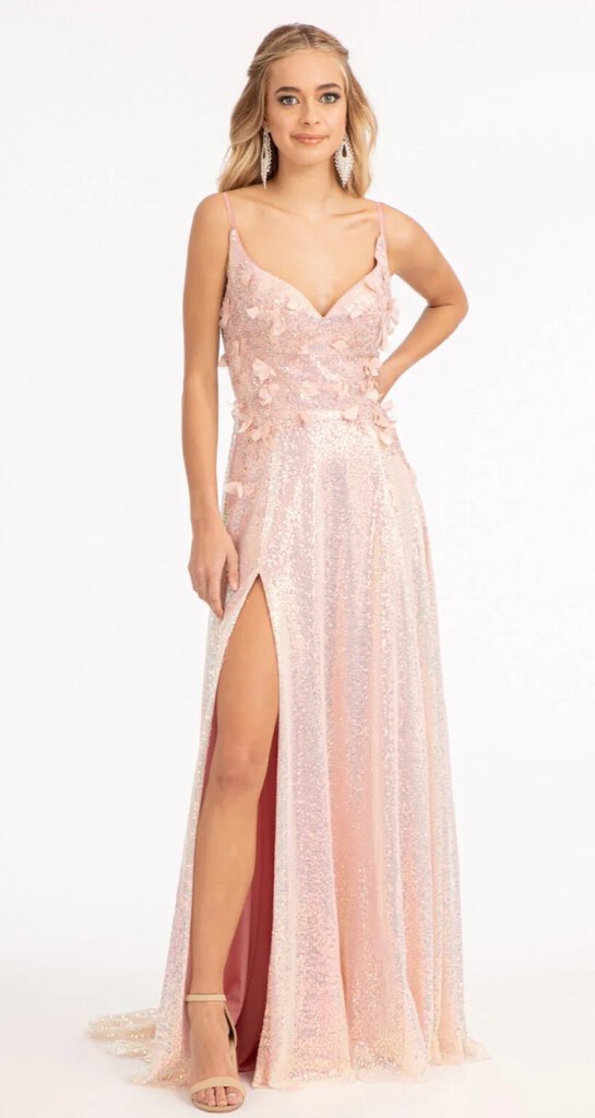 SMC Full Iridescent Sequin V-Neck A-Line Prom Dress /w Leg Slit