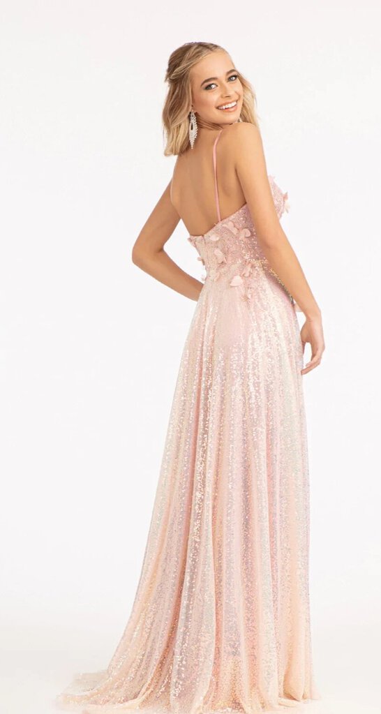 SMC Full Iridescent Sequin V-Neck A-Line Prom Dress /w Leg Slit