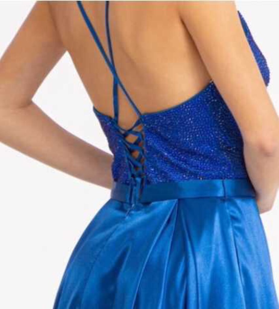 Full Rhinestone Bodice Lace-Up Back Satin Prom Dress w/ Waistband