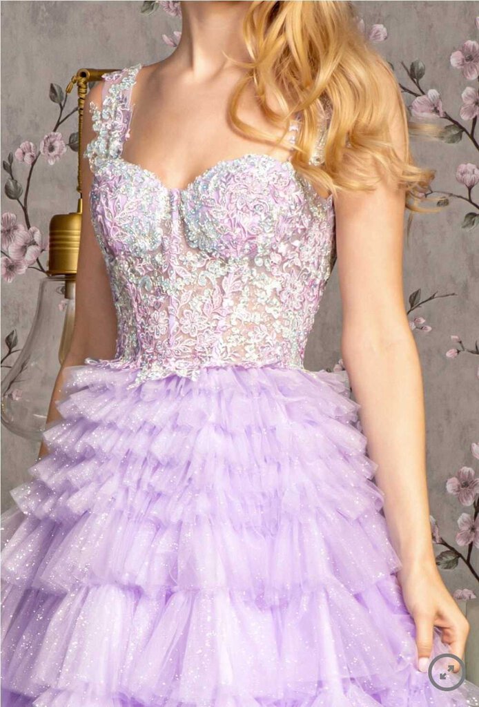 Glitter Bead Sheer Bodice Ruffled Skirt Mesh A-line Long Dress