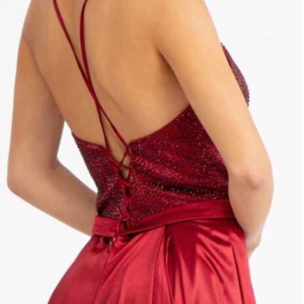 Full Rhinestone Bodice Lace-Up Back Satin Prom Dress w/ Waistband