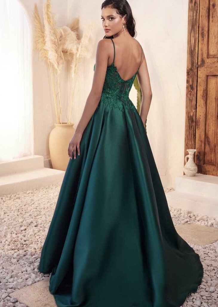 MIKADO EMERALD BALL GOWN WITH LACE DETAILS