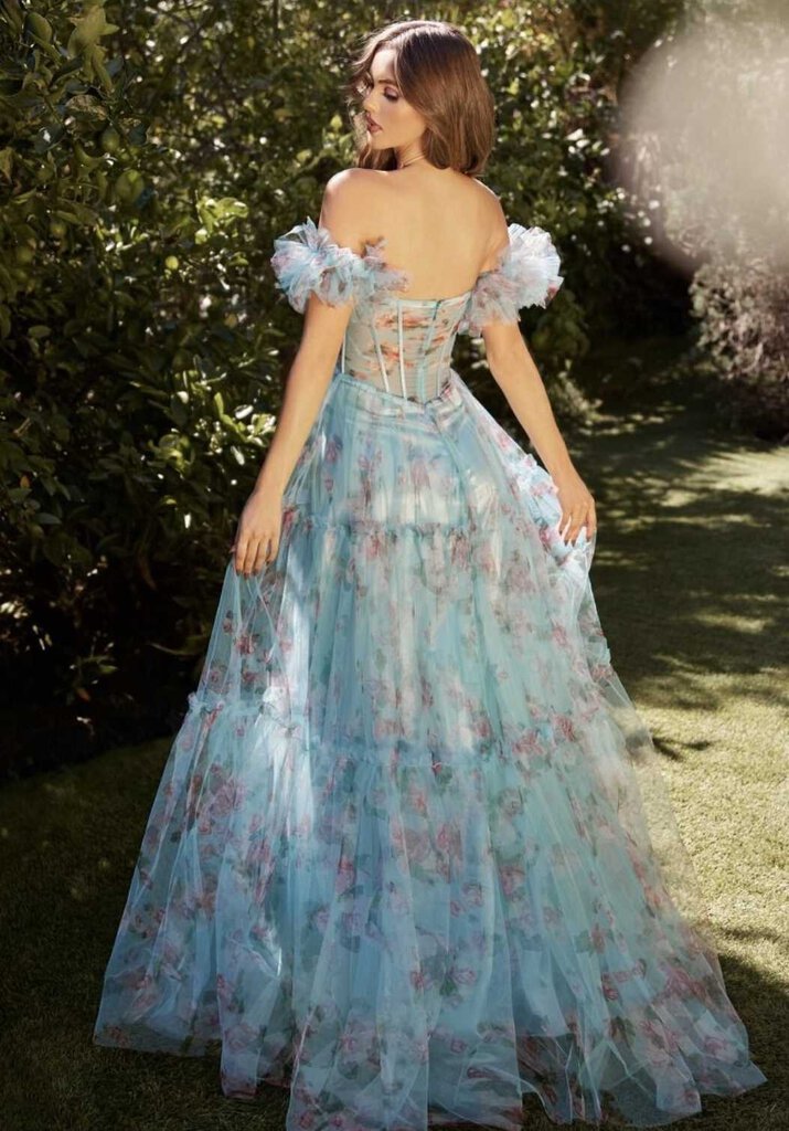 BLUE FLORAL PRINTED BALL GOWN